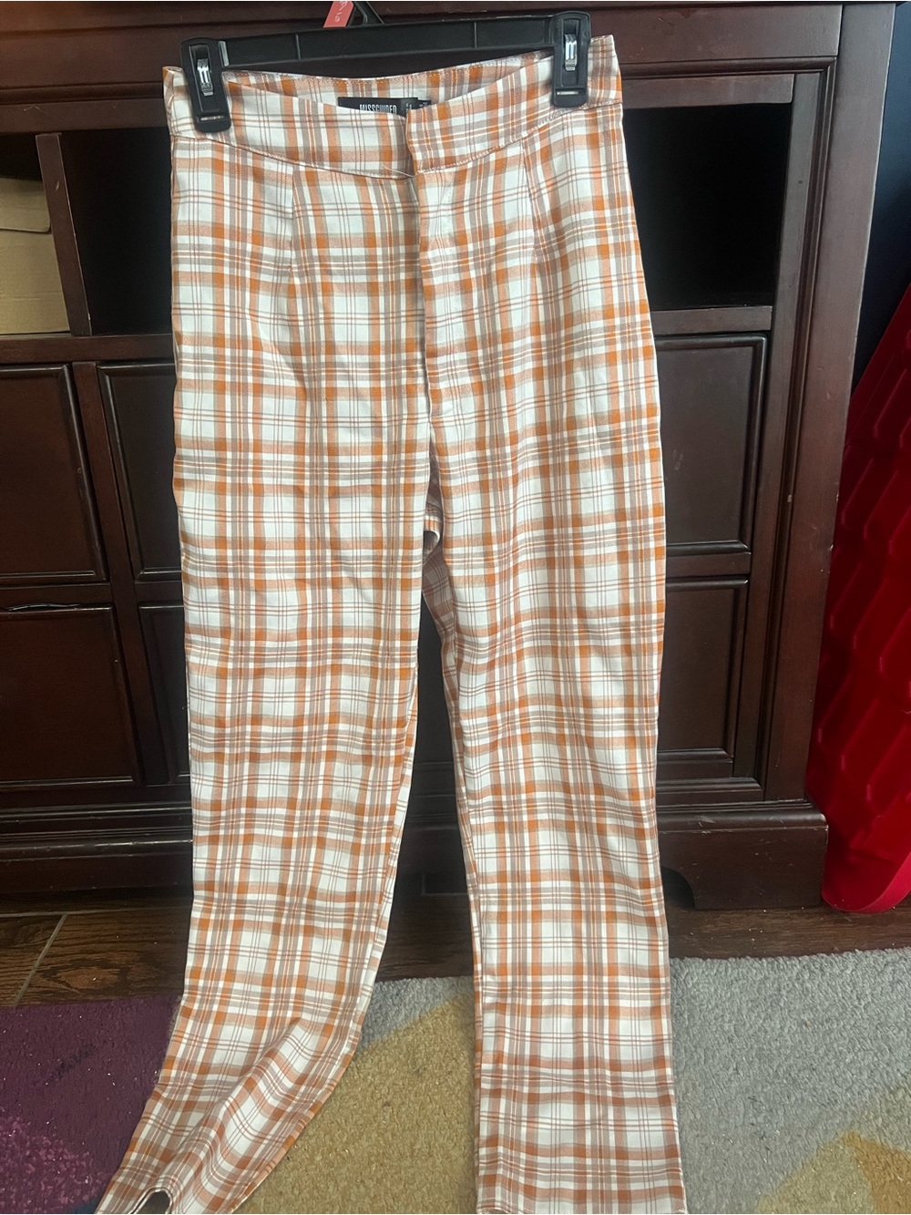 Missguided + Cream and Orange Plaid Straight-Leg Pants